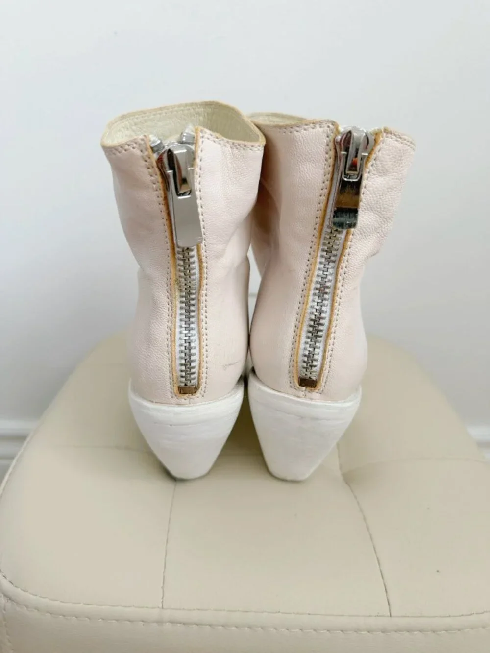 White Distressed Leather Ankle Boots Block Heel Size 37